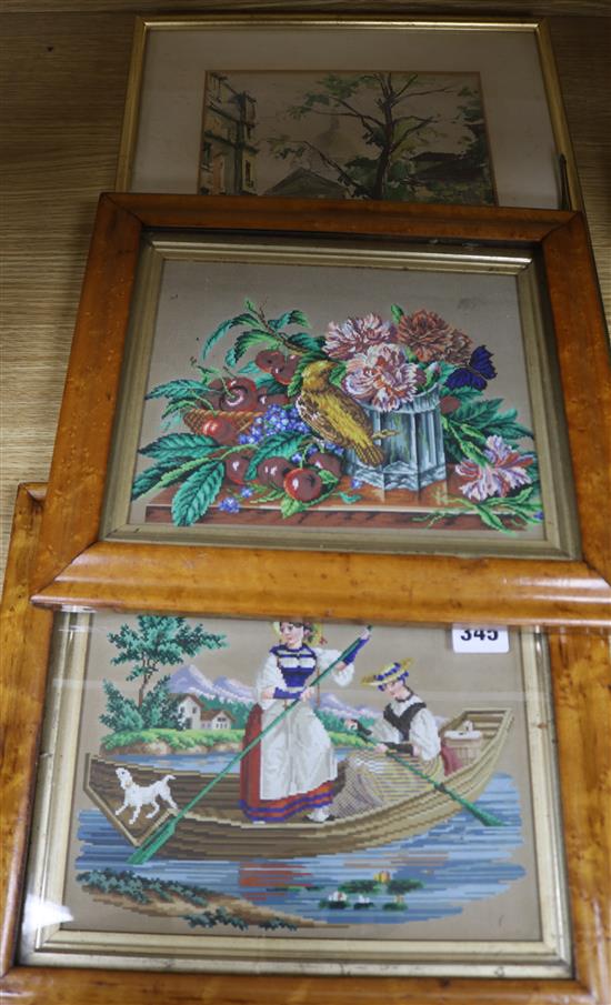 A pair of Victorian maple framed Berlin needlework patterns and a printed street scene